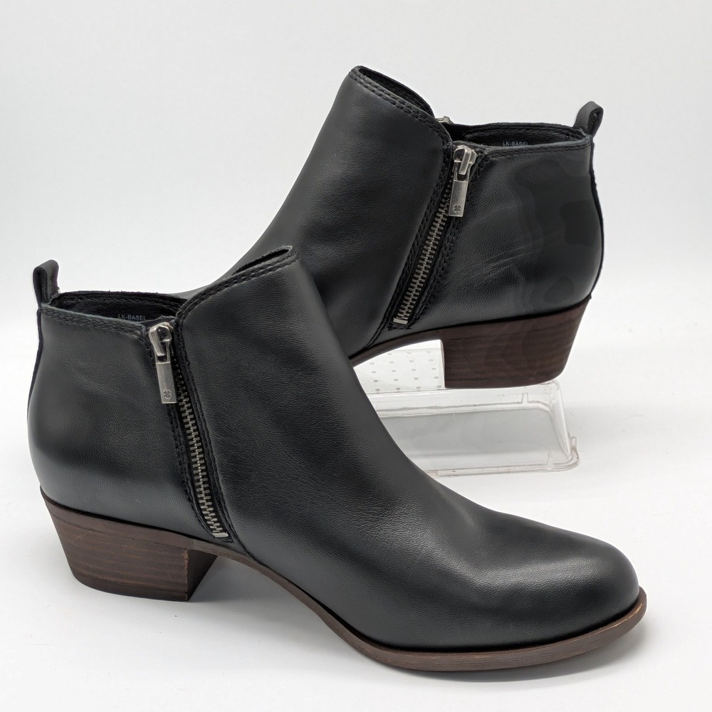 Lucky Brand Basel Womens 10W Black Leather Ankle Booties Side Zip Low Heel